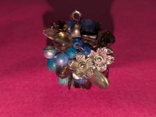 Blue  Silver Beaded Statement Ring W Flowers  Adjustable Band