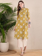 Indian Women Yellow Floral Cotton Printed Kurta Kurti New Top Tunic Dress