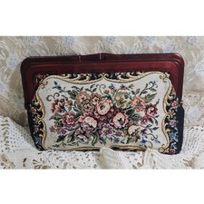Vintage Petit Point Floral Tapestry Evening Clutch Bag, Lucite clasp/frame.