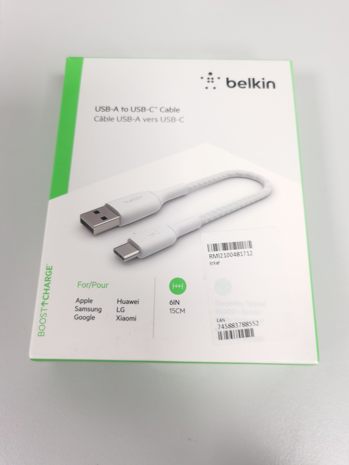 Кабель Belkin USB-C/USB-A ummantelt, 15 см, weiß