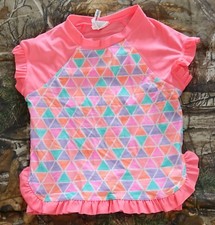 O'RAGEOUS pink w geo front ruffle sleeve hem border Rash guard,girl size 5