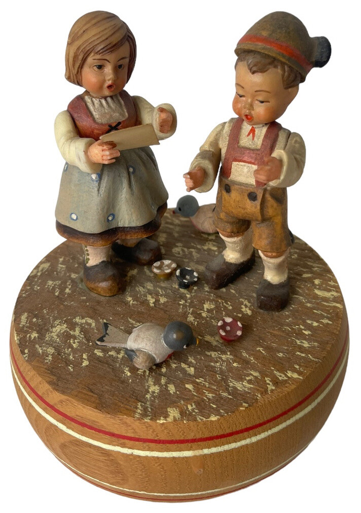 ANRI Thorens Music Box Children Singing Edelweiss Bird Mushrooms