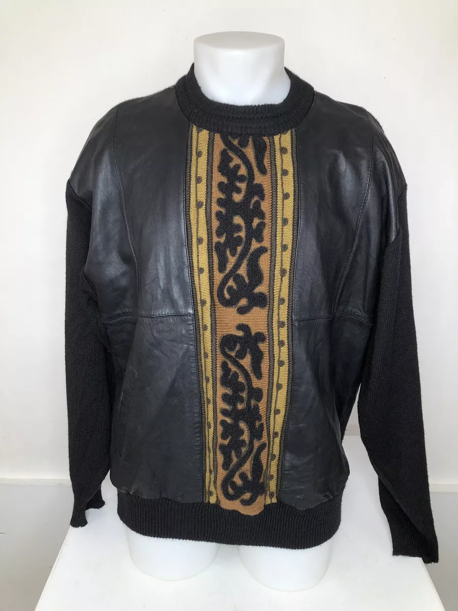 Awesome SAXONY Vintage 1990s LEATHER Knit Mens Lg. Sweater