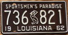 Item photo. Show Listing Details page. Listing 1962 Louisiana License Plate Number Tag – Pelican – NICE PLATE