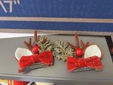 Christmas Reindeer Antler Hair Clips with Red Bows Gold Glitter