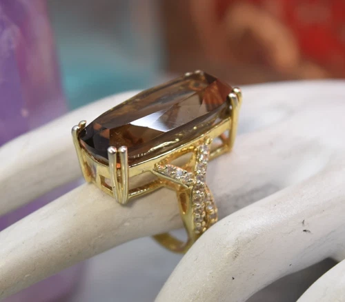 Vintage BBJ Sterling Gold Vermeil Large Smokey Quartz Ring sz 5.25