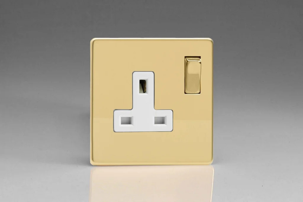 13A Socket Brass 2 Pole Screwless Polished + Brass/White Insert Varilight XDV4WS