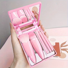 5Pcs Portable Makeup Brush Set with Mirror - Foldable Travel Kit Mini Makeup Br