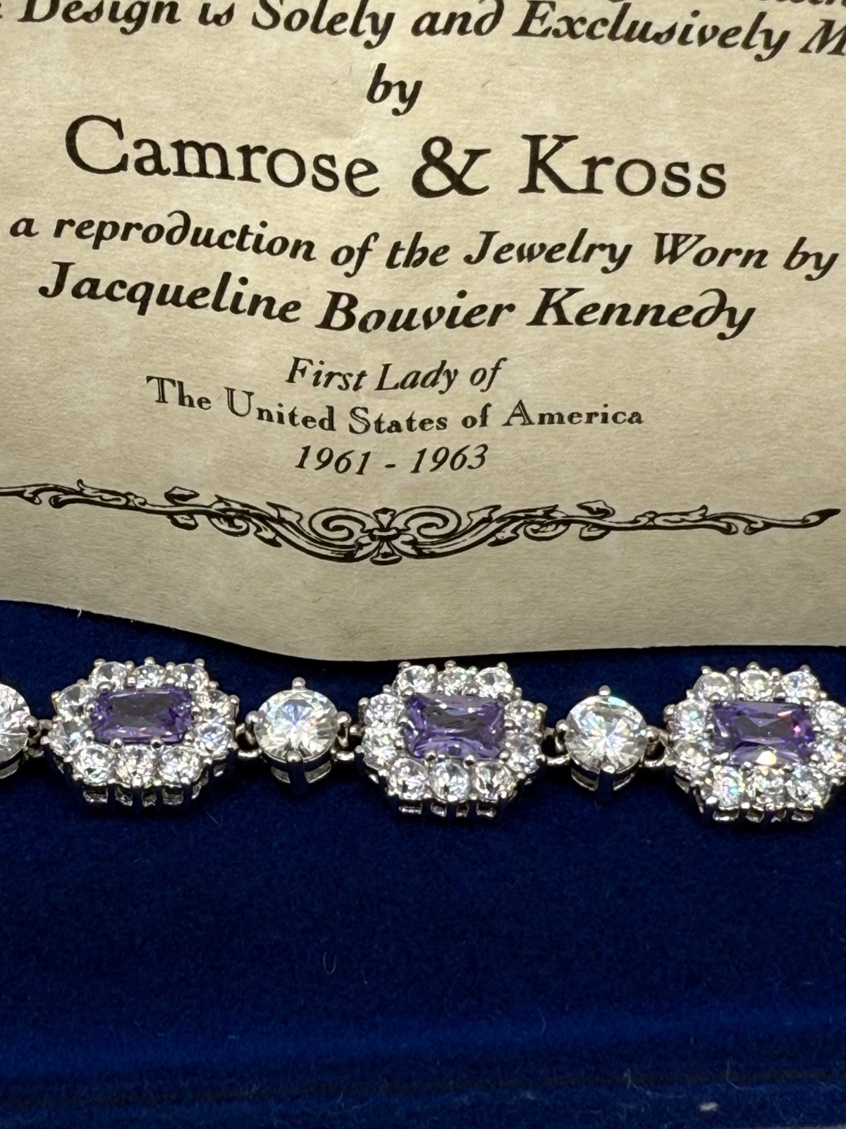 Vintage Camrose Kross  JBK Kennedy Purple Rhinestone Bracelet 7"