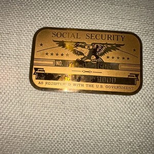 Vintage Metal Social Security Card for Custom Engraved ID Eagle Gold/Brass color