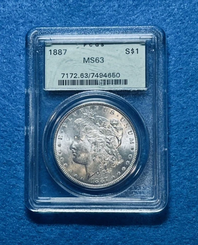 1887 Morgan Silver Dollar PCGS MS-63 Old Holder $1 Coin w/light toning