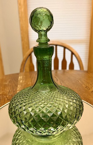 Empoli Green Diamond Cut Ship Glass Decanter And Six Glasses VTG MCM Italy Gift - Picture 2 of 24