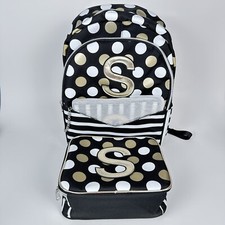 Justice Black Stripe and Dot Set  Backpack Wristlet  Lunch Box Initial S  NWT