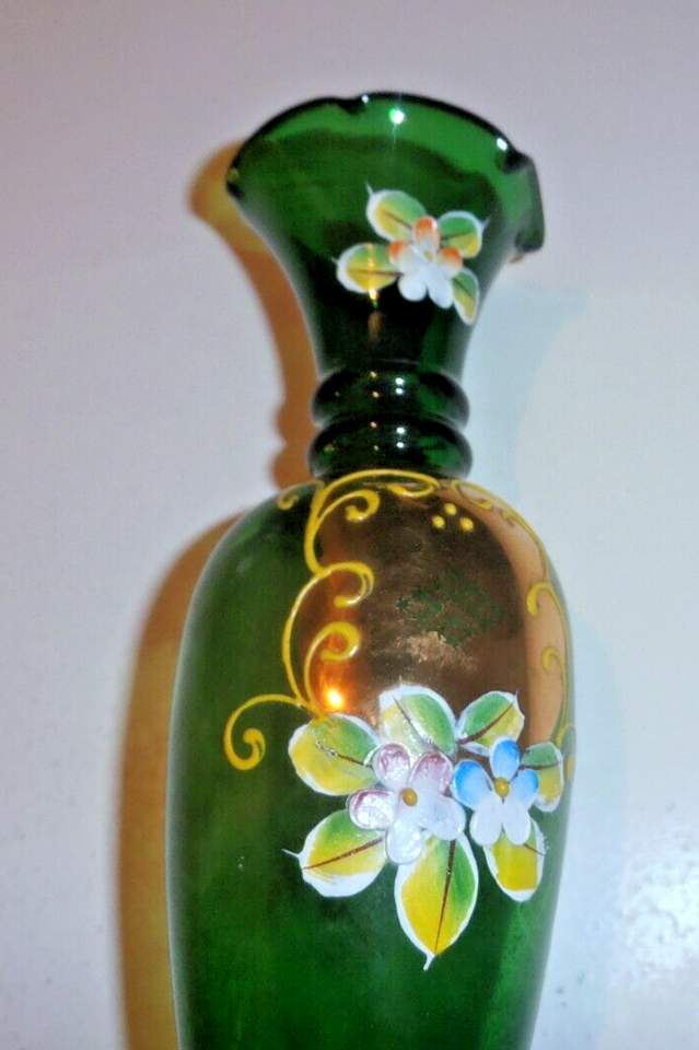 Vintage 8" Tall Green Glass Vase With Hand Painted Floral Decor eBay