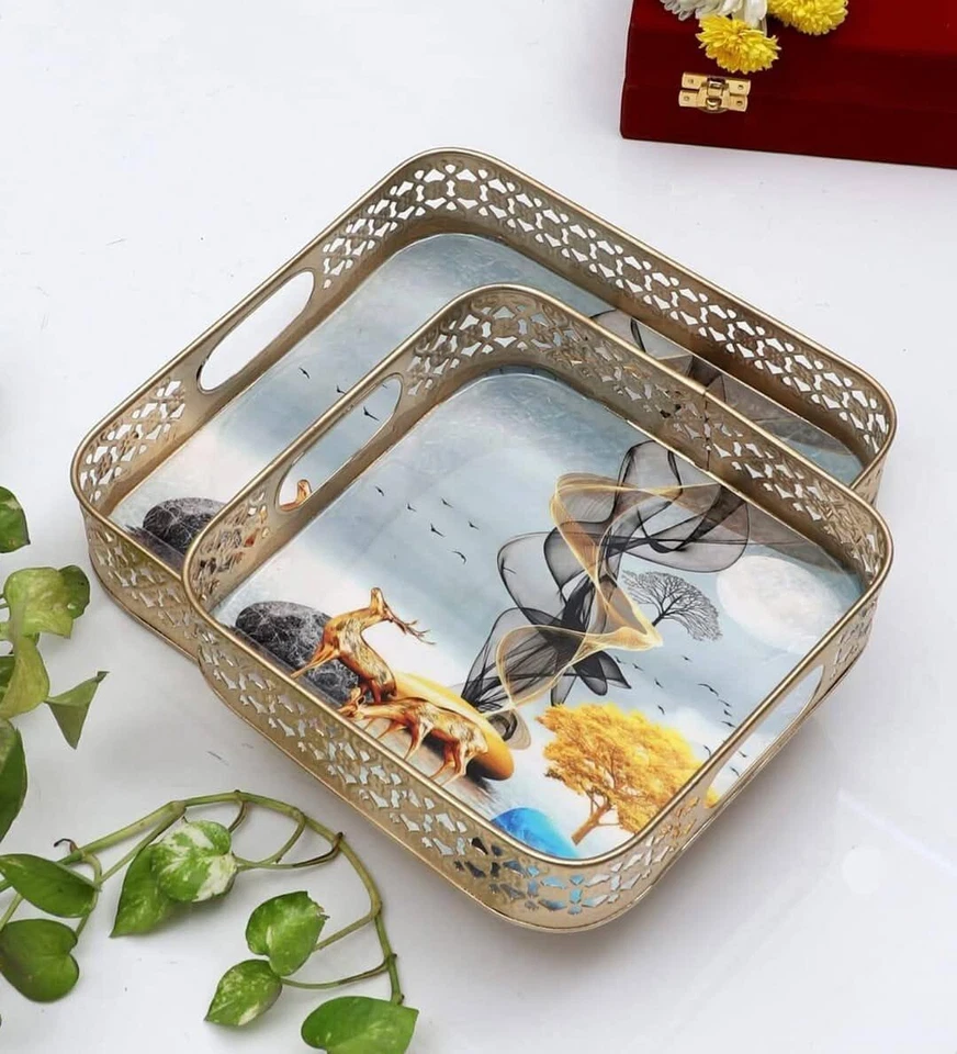 Golden Deer Metal Tray Set 2 Ideal for Hosting Guests Rectangular Serving Treats - Image 2 of 3