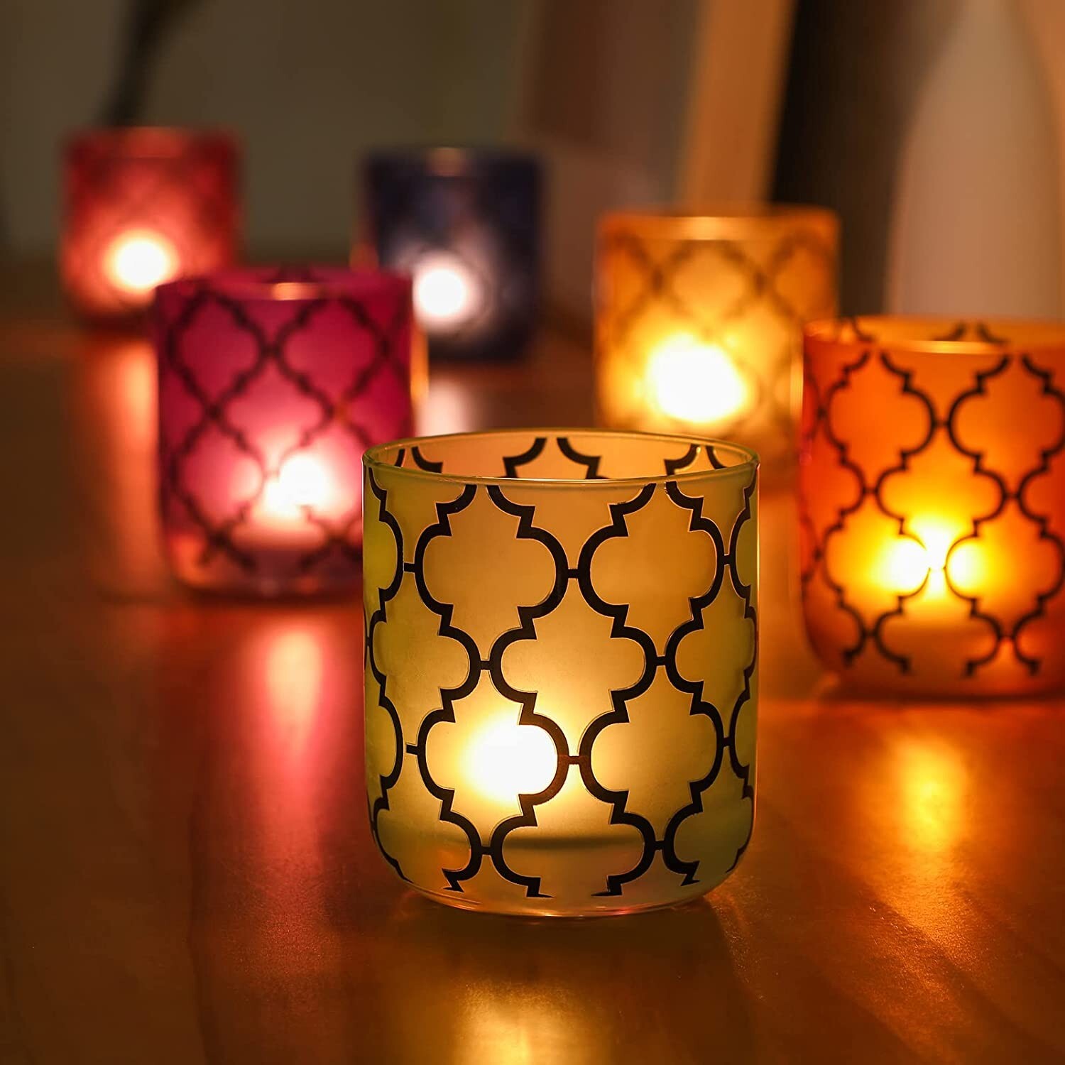 Votives Tealight Glass Candle Holder Set of 6 Mix 6 Colors Geometric