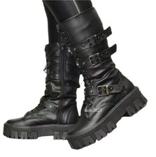 Womens Gothic Boots Lace Up Zip Platform Chunk Heel Mid Calf Boots Punk Shoes