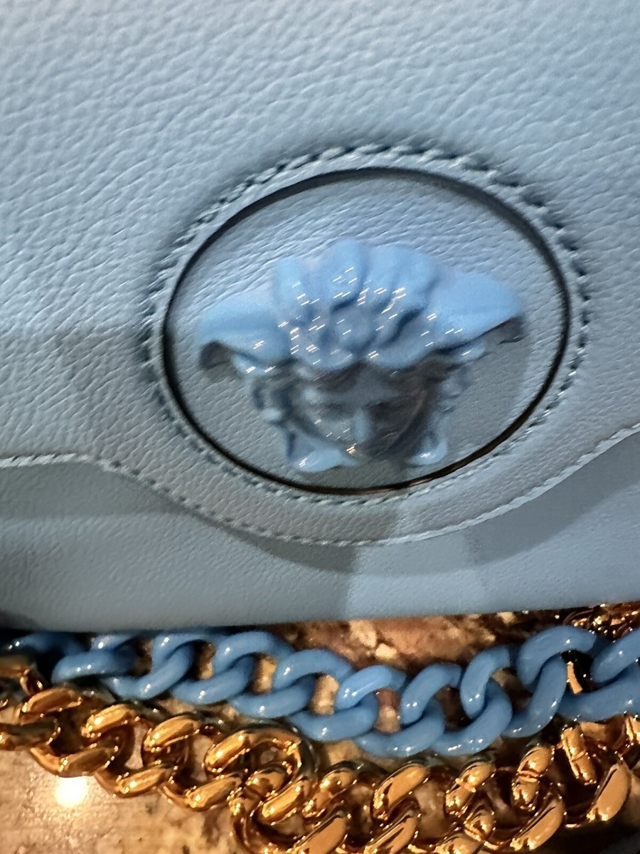 Versace La Medusa Blue Leather Top Handle Bag… Extra Gold Chain
