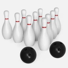 80s Plastic Bowling Set, 8 Pcs Vintage Toys, 5.5" Tall Pins, 2 Black Balls