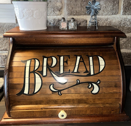 Vintage Retro Oak Wood Bread Bin with Rollable Lid, Brown, Rectangular