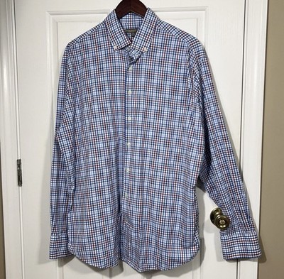 Peter Millar Summer Comfort Shirt XL Blue Red Plaid Performance Button Down