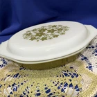 VTG Pyrex Divided Casserole 1 QT Spring Blossom Crazy Daisy Green Dish Oval Lid