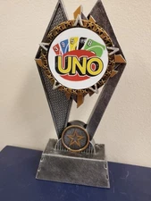 UNO card game Trophy Resin Award Champion 1st Place, with engraving, about 7"