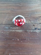 Silver Wire With Red And White Beaded Ring