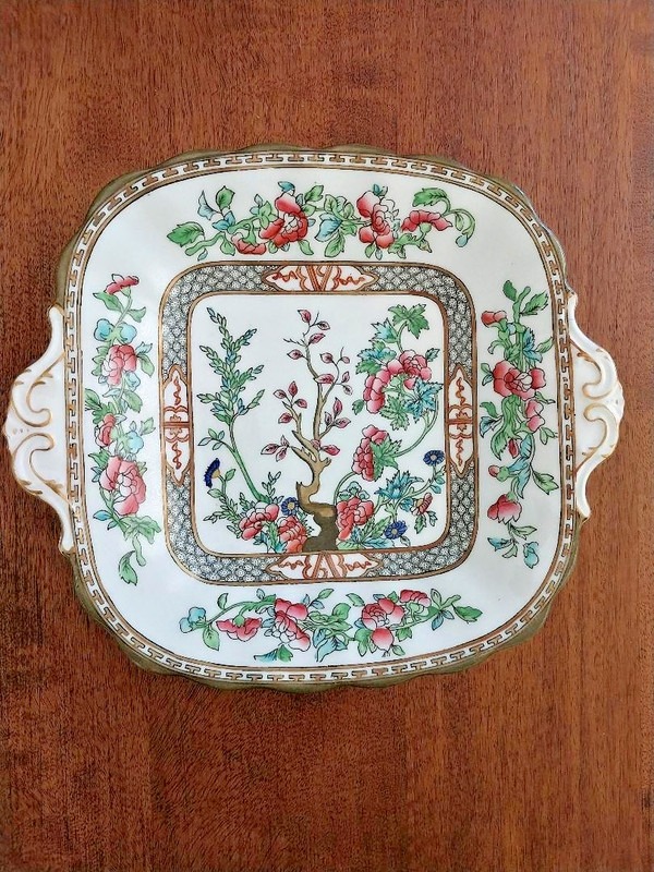 Antique English Coalport India Tree serving dish/platter w/handles, 9" square