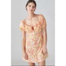 Urban Outfitters Mystic Wrangler Floral Mini Dress Yellow Orange Puff Sleeve