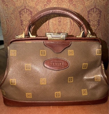 VINTAGE Texier Geometric Brown Tan Satchel Top Handle Clasp/Zip Inner Pockets