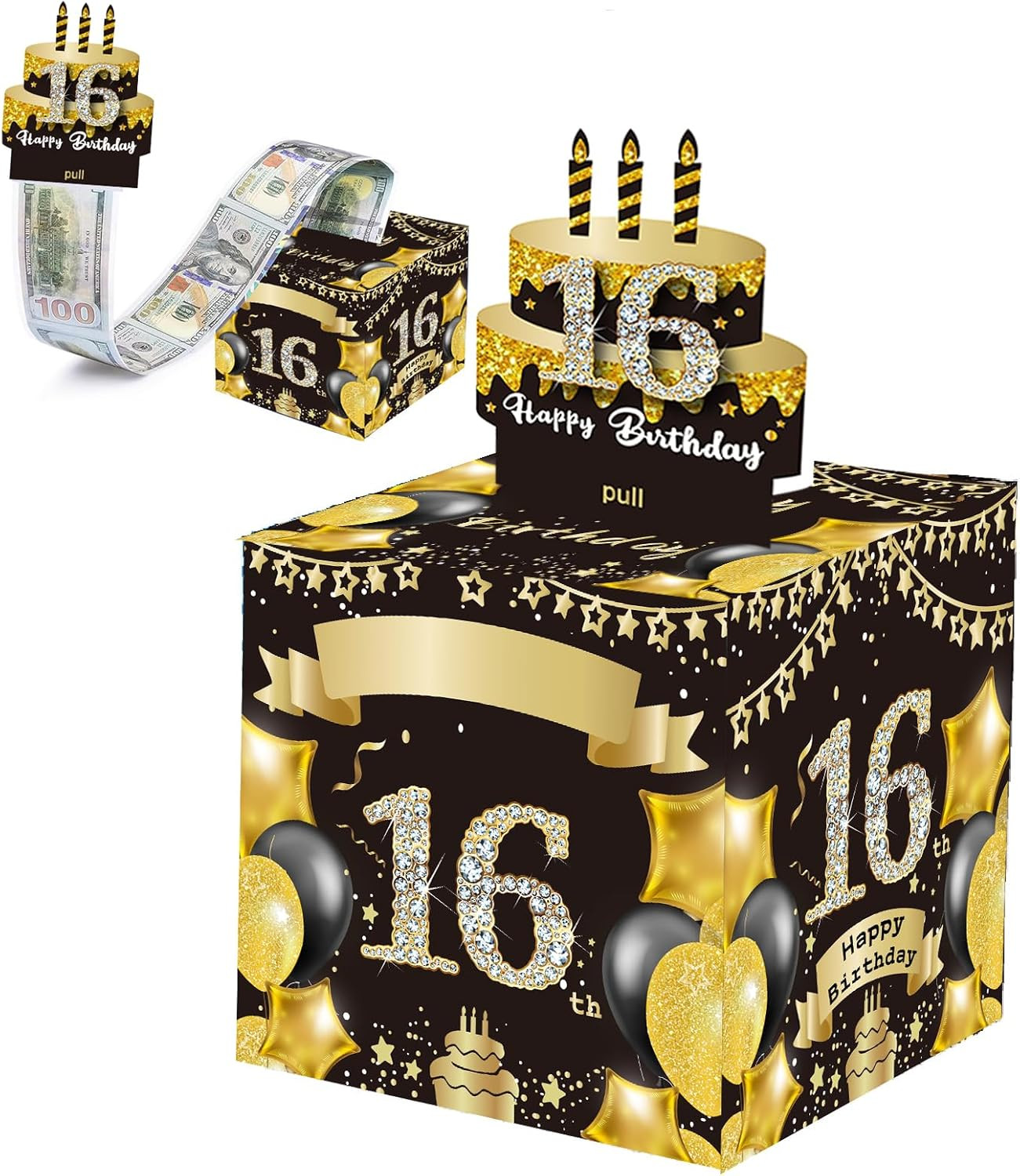 Happy 16Th Birthday Money Box for Cash Gift,Black Gold Pull Surprise Money Gift