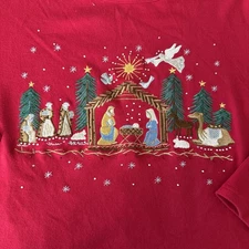 VGT Quacker Factory Christmas Holiday Red  Long Sleeve Embroidered Nativity 2XL