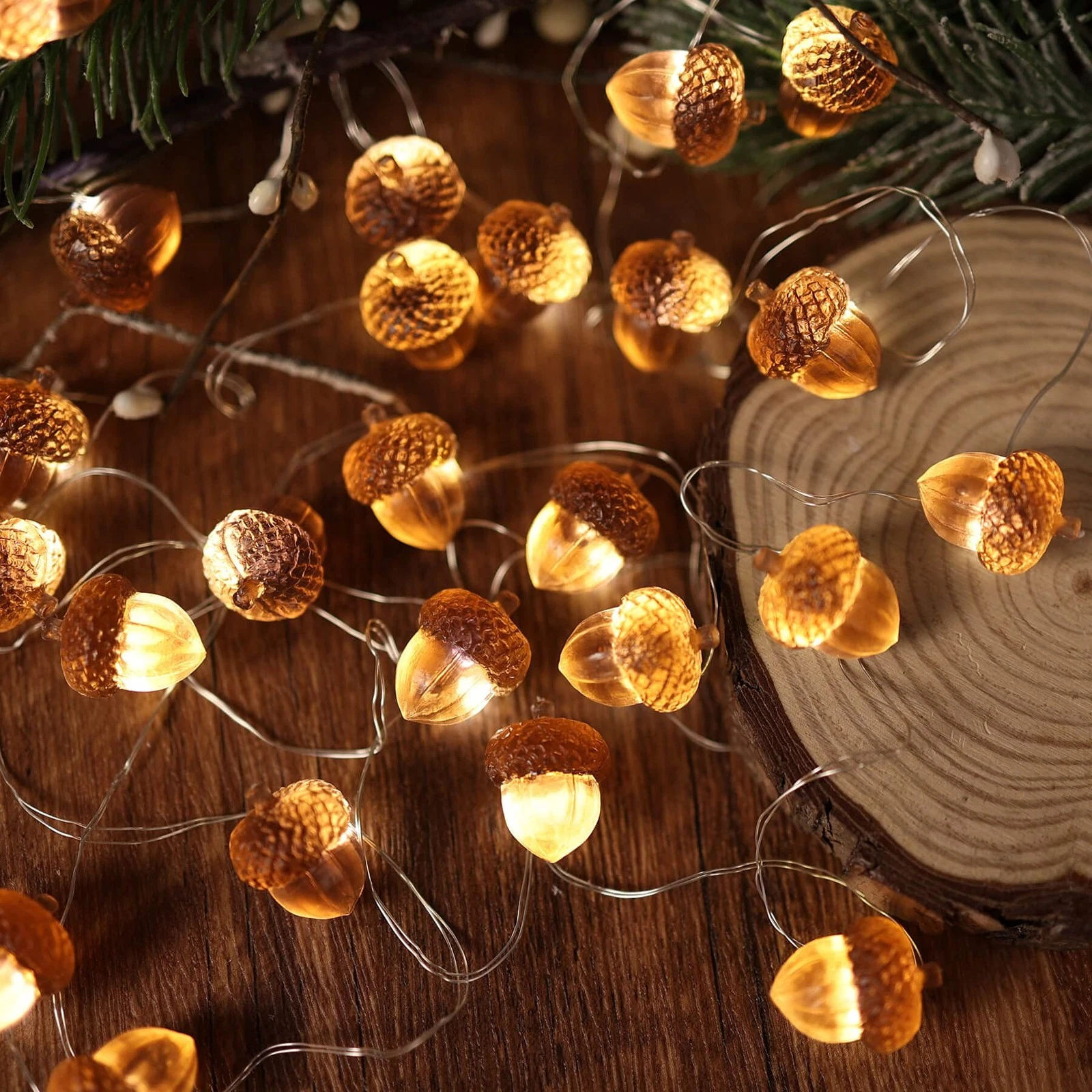 JASHIKA 3D Twinkle Acorn Fall Decorations Harvest String Lights Small, Yellow