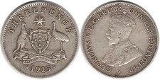Australia: 1915 Three Pence KGV silver 3d, scarce Date 
