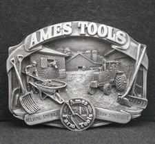 WE05165 NOS VINTAGE 1989 AMES TOOLS HELPING AMERICA GROW PEWTER BELT BUCKLE