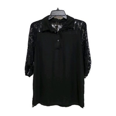 Nella Fantasia Women's M Black Chiffon Top Lace Yoke & Sleeves Faux Roll Tab