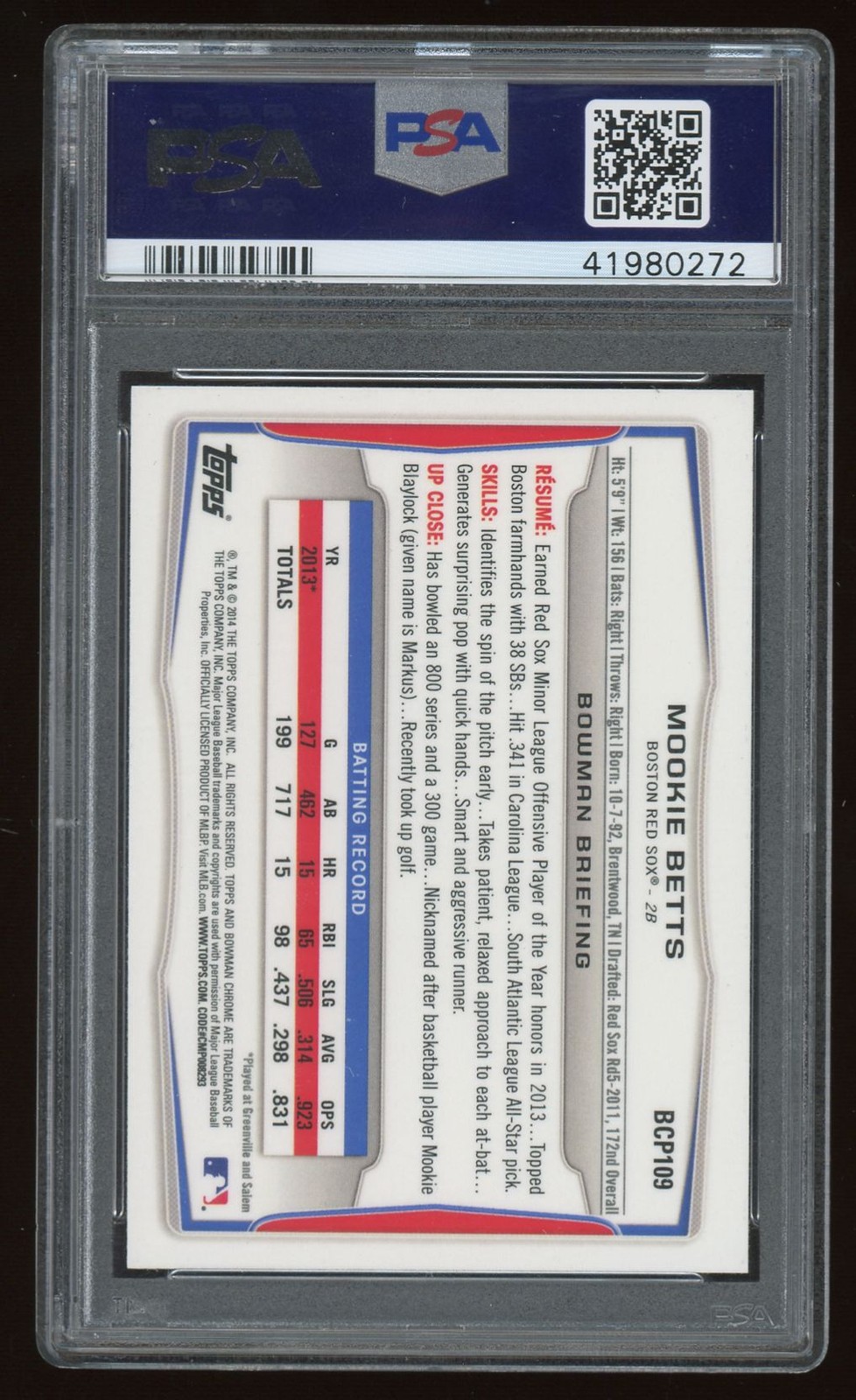 Mookie Betts 2014 Bowman Chrome 1st RC #BCP109 Dodgers Rookie Card PSA 10 view 2