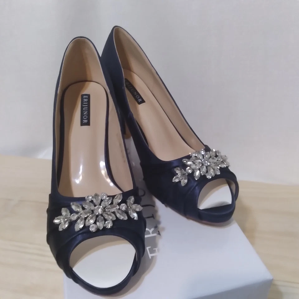 Erijunor Peep Toe Heels Womens Size 10.5 Navy Satin Rinestone Wedding Prom Nwt - Image 2 of 4