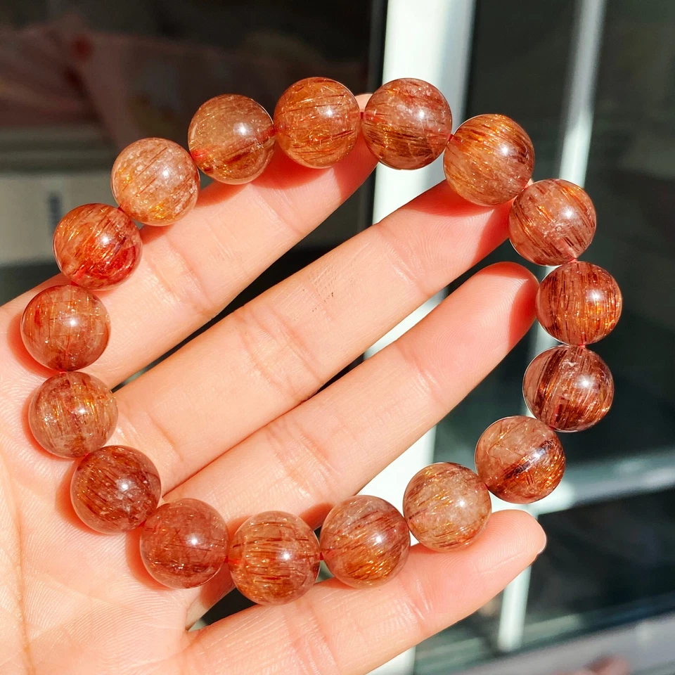 11.7-12.5mm Natural Copper Rutilated Quartz Crystal Stretch Beads Bracelet 18 - Image 4 of 4