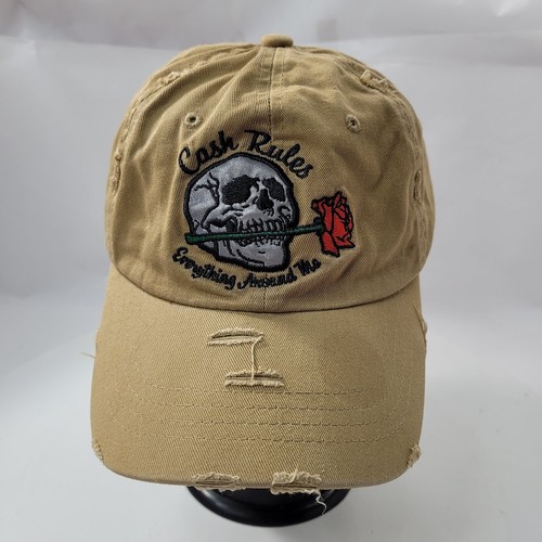 Muka Embroidered Skull Rose Cash Rules Baseball Cap Hat Strapback Tan