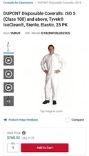 NEW DuPont Tyvek Isoclean Coverall XL Sterile IC182BWHXL0025CS Lightweight 1MKU9