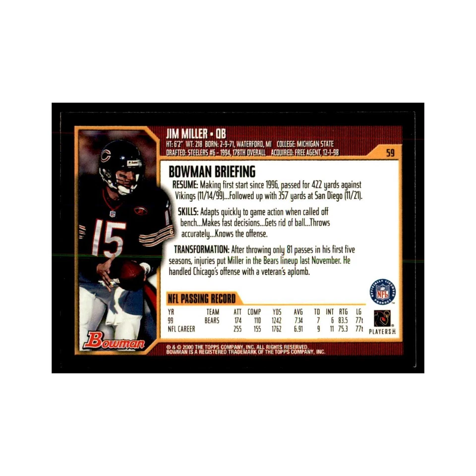 2000 Bowman Jim Miller Football Cards #59.0 - Image 2 of 3