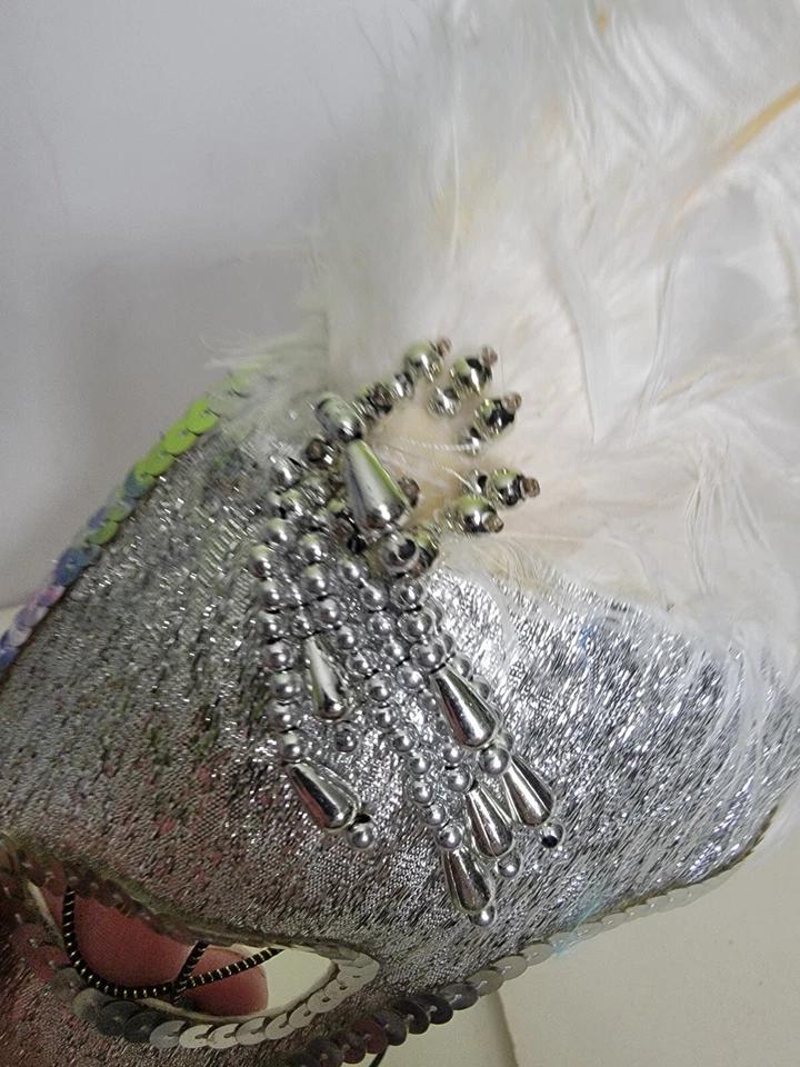 Mardi Gras Mask 1/2 Face Silver/White Lame" Fabric Feathers Sequin & Bead Trim - Image 4 of 4