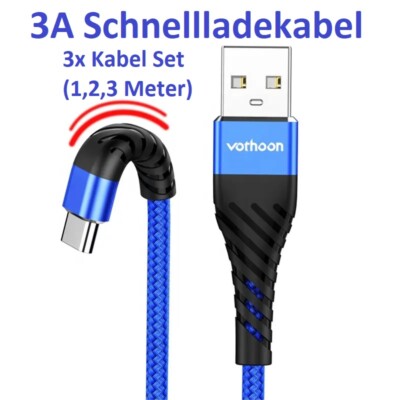 3x Ladekabel USB Typ C Schnell Datenkabel für Samsung Huawei Xiaomi Handy Set