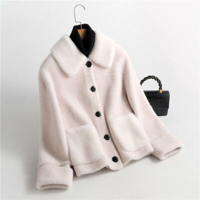 Womens Winter 100% Wool Lamb Shearling Short Coat Single Breasted Autumn Jackets
