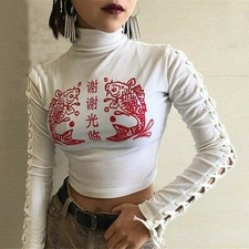 Women Crop Top Pullover Harajuku Punk Jumper Red Carp T-Shirt Casual Blouse Sexy