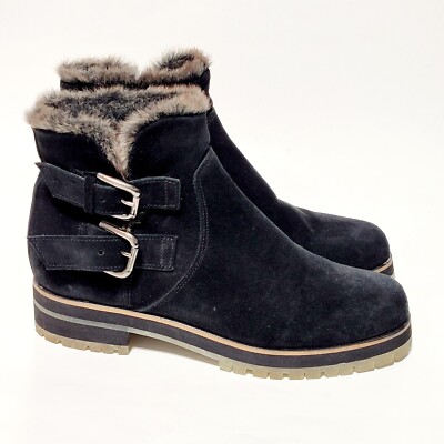 Studio Pollini Black Suede Ankle Booties Fur Lined Boots Buckles Wms 37IT 6.5US