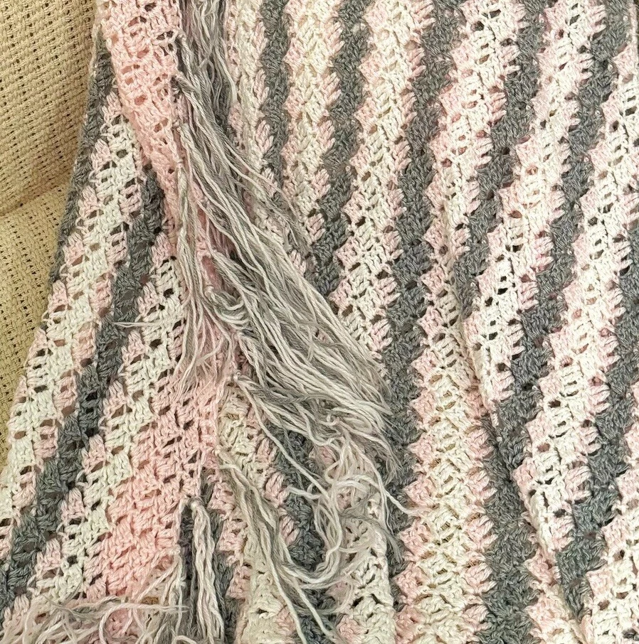 Handmade CROCHETED Baby Blanket Pink White Gray Striped Fringed Afghan Throw 49” - Image 2 of 4