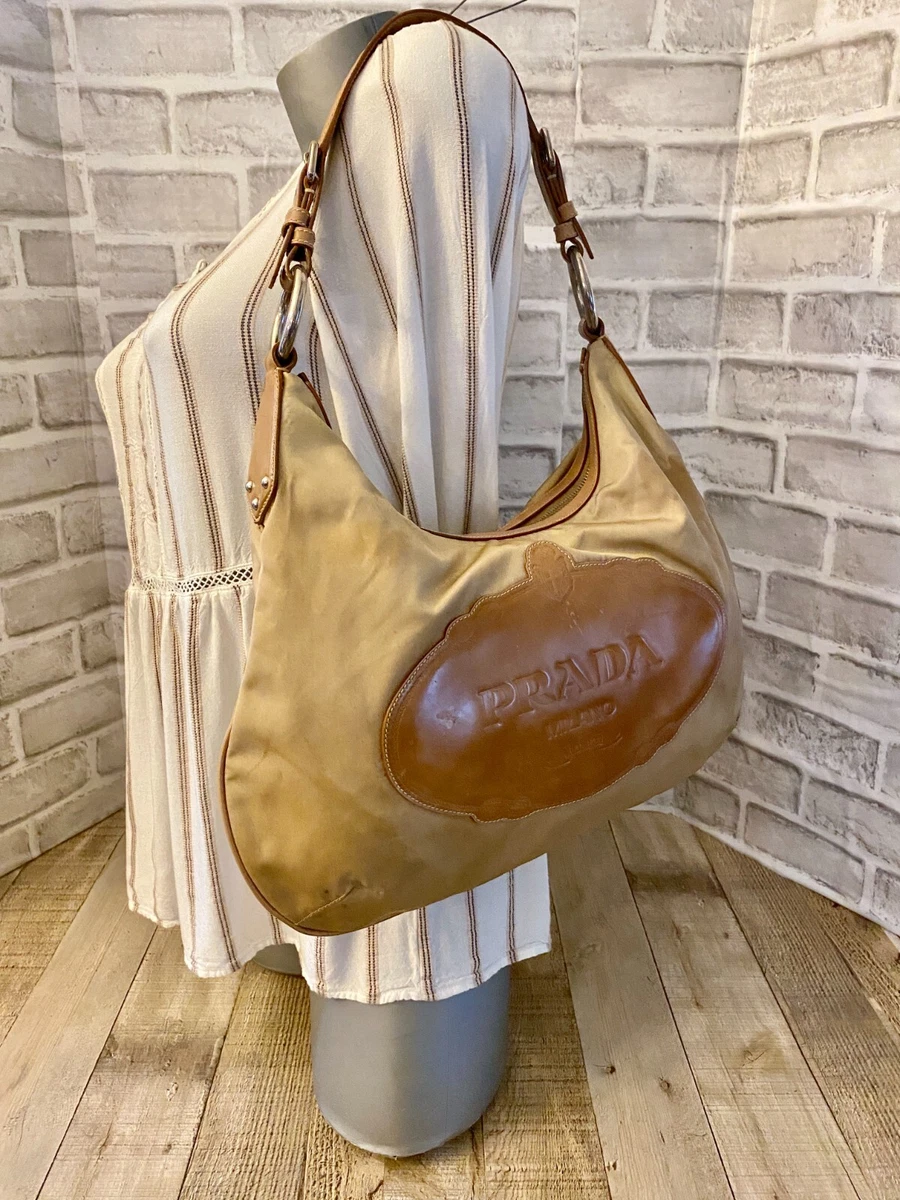 PRADA Y2K TESSUTO Beige NYLON TAN BORSA Leather Shoulder Hobo #165 Authentic